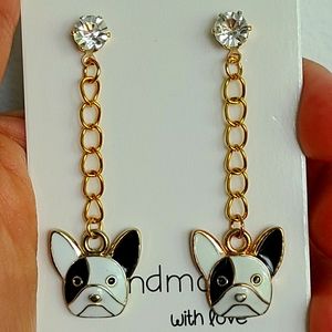 Boston terrier earrings dangling gold stud rhinest